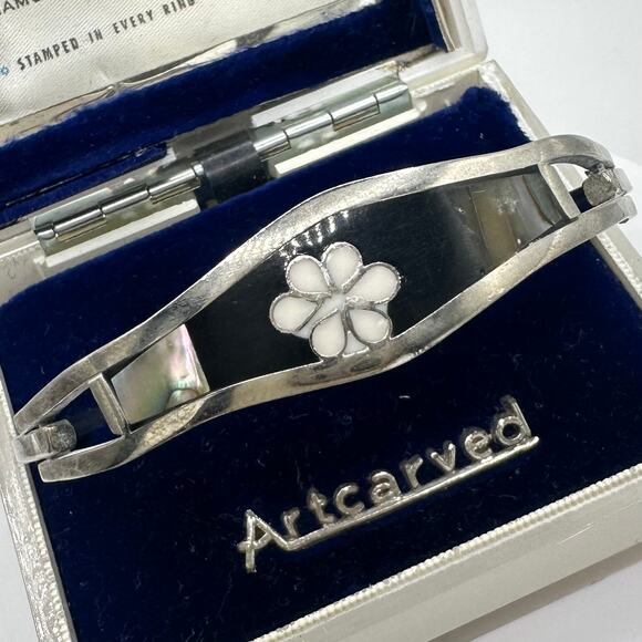 Taxco vintage 925 sterling silver onyx abalone inlay hinged bangle bracelet - Picture 2 of 11